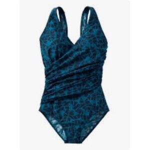 NEW LL Bean One-Piece Shaping Swimsuit Blue Palm Print Women's Size 18W